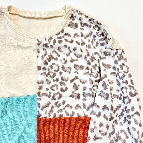 Women’s Leopard Print Color Block Sweater Casual Fall Winter Pullover Size Large - Picture 3 of 7